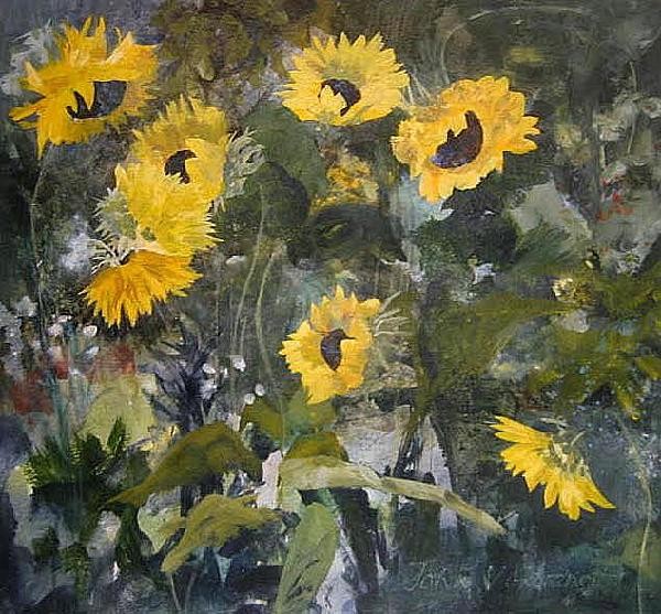 Sunflowers in the wild Acrylic  56cm x 79cm (framed)   Artist John V Gardner for sale in Galleri Art Danish Danmark